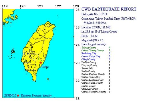Un terremoto de 4,5 grados azota el este de Taiwán