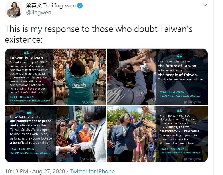 Tsai Ing-wen reafirma vía Twitter la existencia de Taiwán