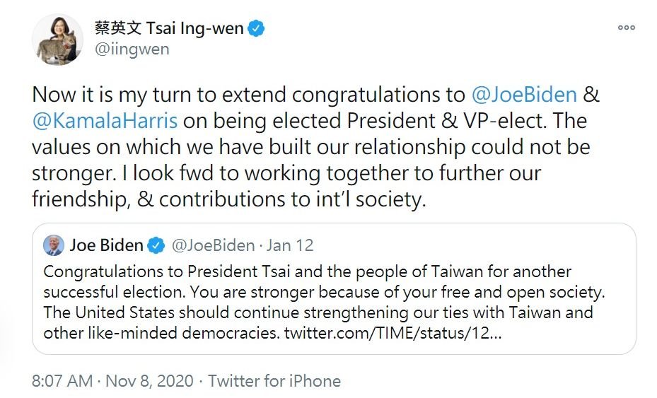 Tsai Ing-wen felicita a Biden por su victoria electoral