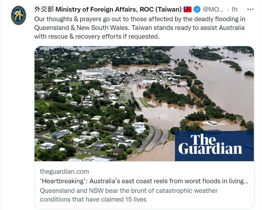 Ningún taiwanés afectado por las inundaciones que sufre Australia