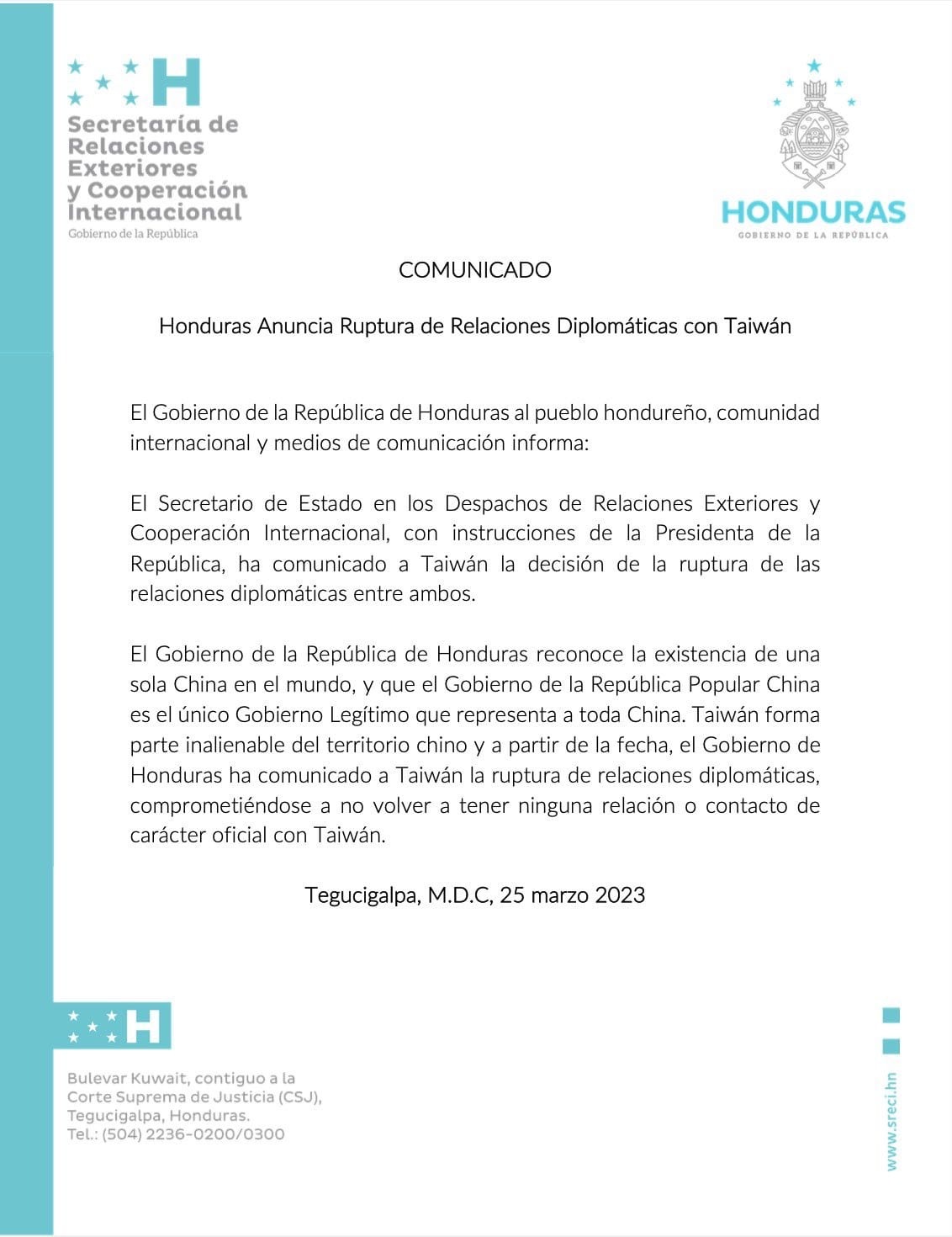Honduras rompe relaciones diplomáticas con Taiwán