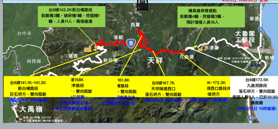 Se aceleran los trabajos para restaurar el tráfico en la Ruta Provincial 8 afectada por el terremoto de Hualien