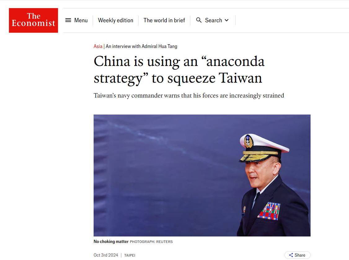 Almirante taiwanés reconoce a The Economist que China continental puede bloquear Taiwán cuando lo desee