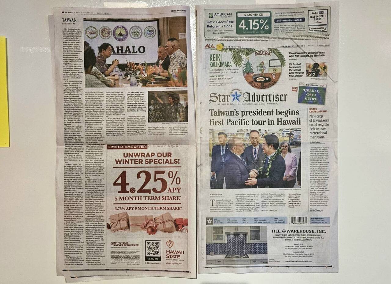 El principal diario de Hawái destaca la visita del presidente de Taiwán