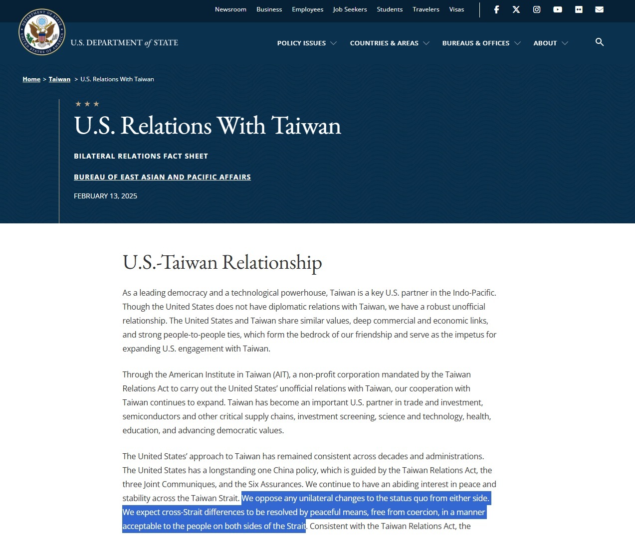 EEUU retira de sitio web oficial referencia sobre «no apoyo a la independencia de Taiwán»
