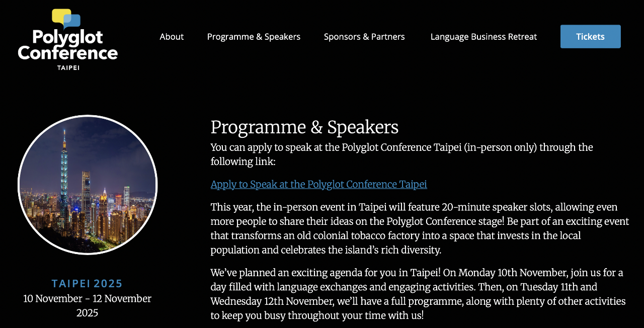 Taipéi acogerá en noviembre la Conferencia Políglota 2025