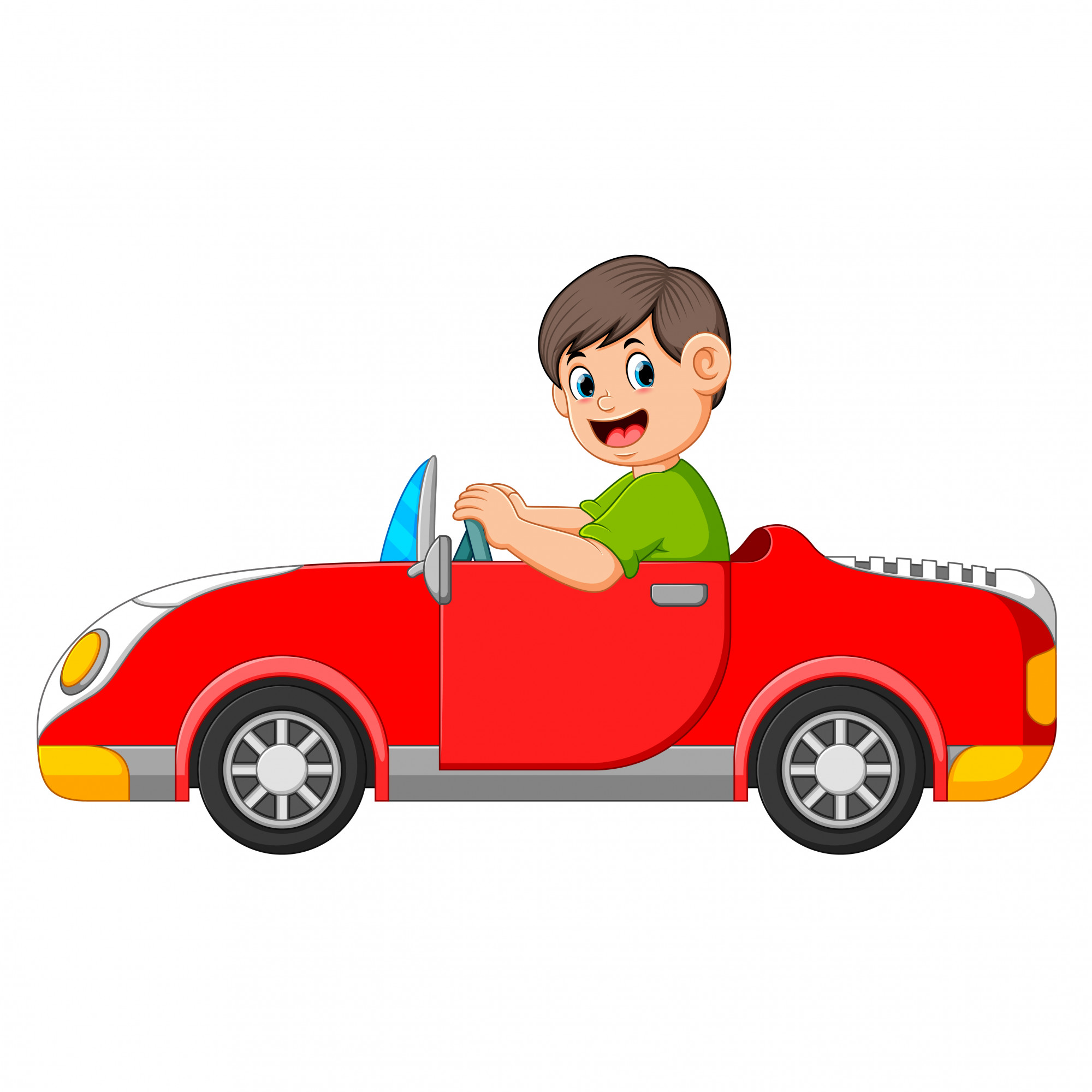El niño está manejando el auto rojo con la buena posando. | Vector Premium